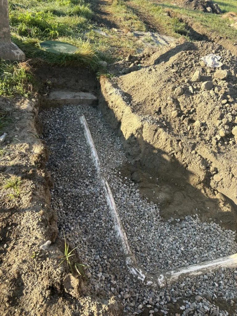 Excavated trench and aggregate base around a building