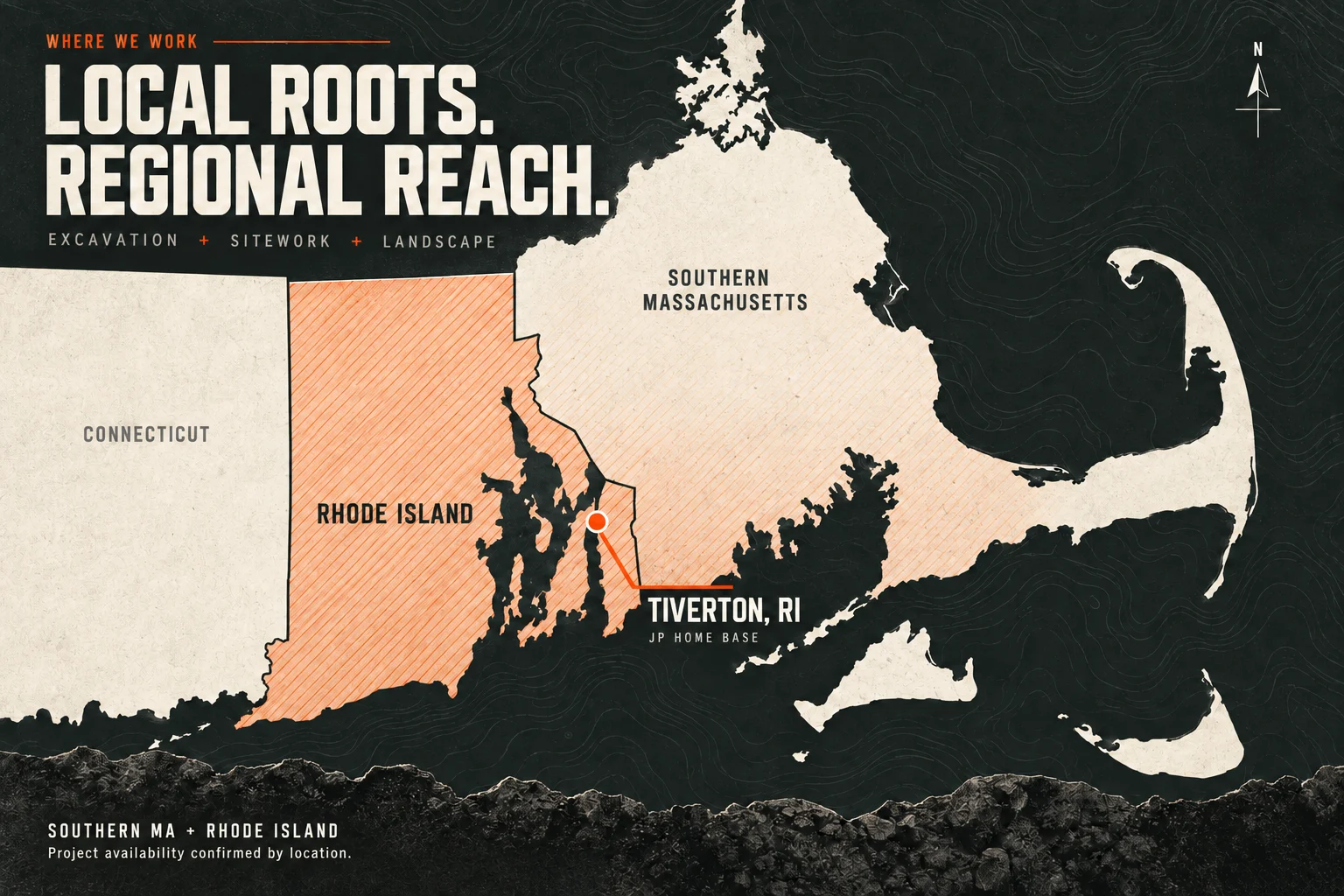 JP service area: Tiverton, Rhode Island home base, with Rhode Island and Southern Massachusetts highlighted on a charcoal, stone and orange regional map